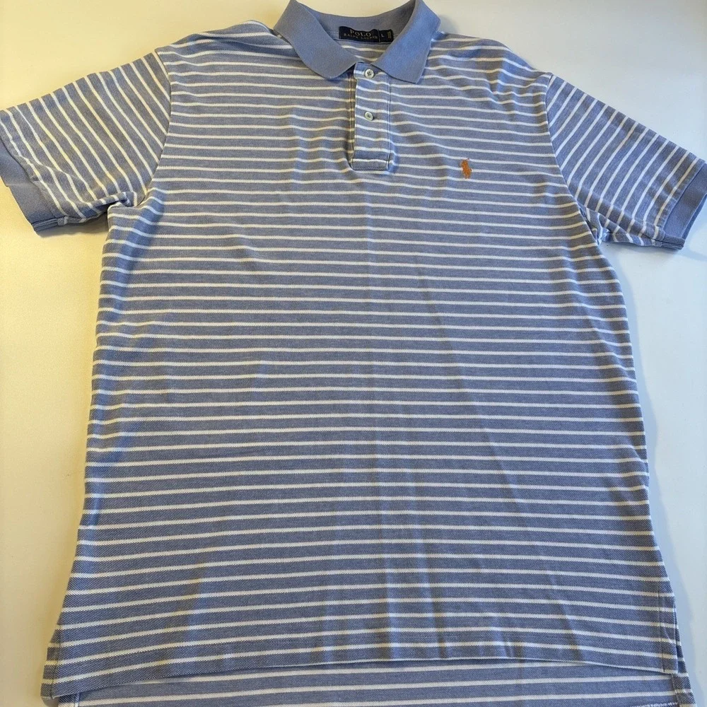 POLO RALPH LAUREN Polo Shirt Mesh Striped W/orange Pony Men's‎ LARGE